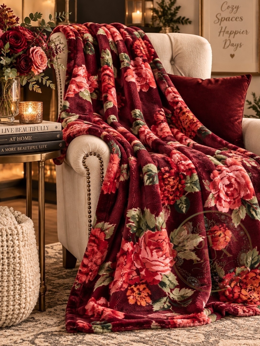 The Big One Burgundy Rose Floral Oversized Supersoft Plush Throw Blanket NWT